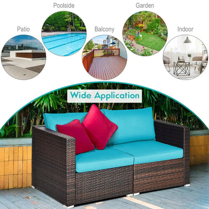 2PCS Patio Rattan Sectional Conversation Sofa Set-Blue - Blue - Outdoor Sectionals