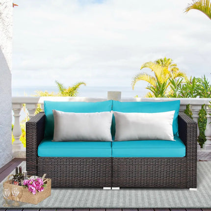 2PCS Patio Rattan Sectional Conversation Sofa Set-Blue - Blue - Outdoor Sectionals