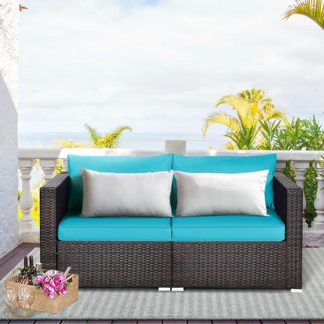 2PCS Patio Rattan Sectional Conversation Sofa Set-Blue - Blue - Outdoor Sectionals