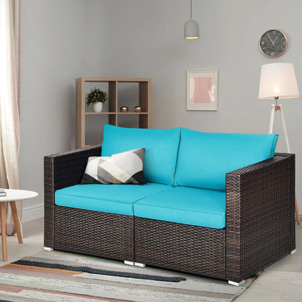2PCS Patio Rattan Sectional Conversation Sofa Set-Blue - Blue - Outdoor Sectionals