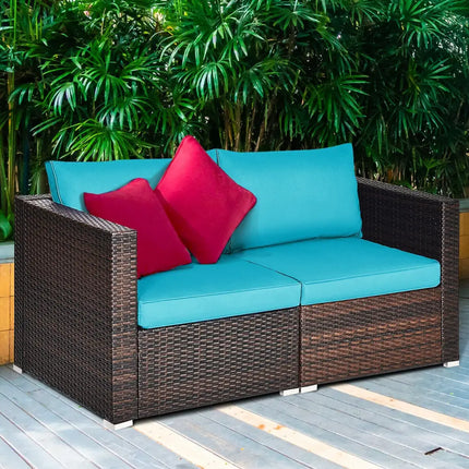 2PCS Patio Rattan Sectional Conversation Sofa Set-Blue - Blue - Outdoor Sectionals