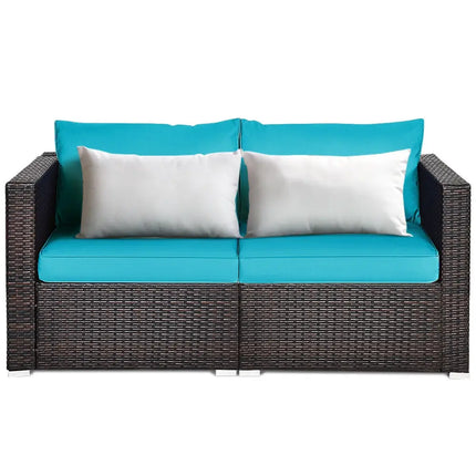 2PCS Patio Rattan Sectional Conversation Sofa Set-Blue - Blue - Outdoor Sectionals