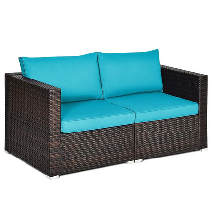 2PCS Patio Rattan Sectional Conversation Sofa Set-Blue - Blue - Outdoor Sectionals