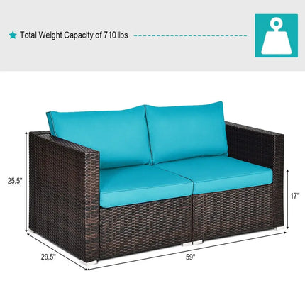 2PCS Patio Rattan Sectional Conversation Sofa Set-Blue - Blue - Outdoor Sectionals