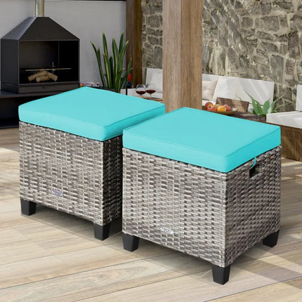 2PCS Patio Rattan Wicker Ottoman Seat with Removable Cushions-Turquoise - Turquoise - Outdoor Seating & Patio Chairs
