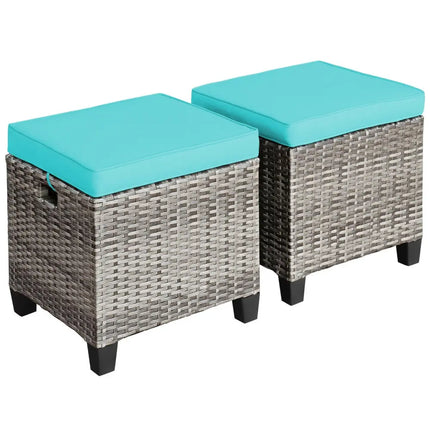 2PCS Patio Rattan Wicker Ottoman Seat with Removable Cushions-Turquoise - Turquoise - Outdoor Seating & Patio Chairs