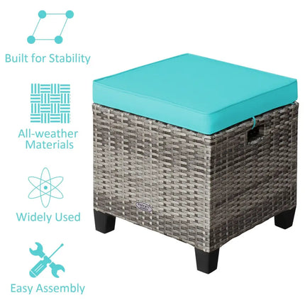 2PCS Patio Rattan Wicker Ottoman Seat with Removable Cushions-Turquoise - Turquoise - Outdoor Seating & Patio Chairs