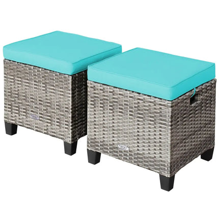 2PCS Patio Rattan Wicker Ottoman Seat with Removable Cushions-Turquoise - Turquoise - Outdoor Seating & Patio Chairs