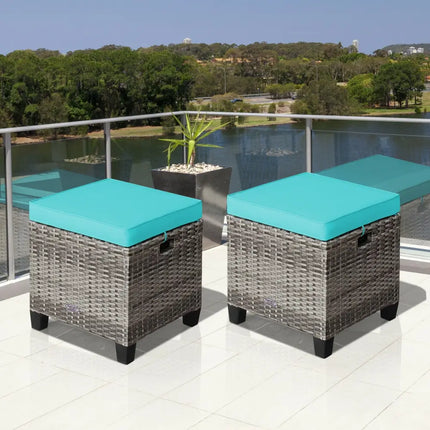 2PCS Patio Rattan Wicker Ottoman Seat with Removable Cushions-Turquoise - Turquoise - Outdoor Seating & Patio Chairs