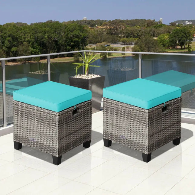 2PCS Patio Rattan Wicker Ottoman Seat with Removable Cushions-Turquoise - Turquoise - Outdoor Seating & Patio Chairs