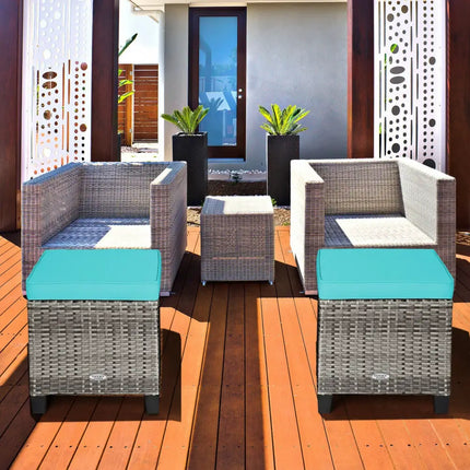 2PCS Patio Rattan Wicker Ottoman Seat with Removable Cushions-Turquoise - Turquoise - Outdoor Seating & Patio Chairs