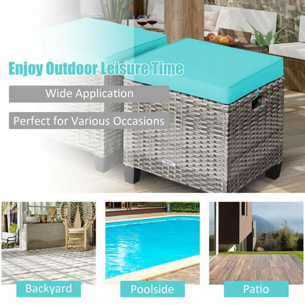 2PCS Patio Rattan Wicker Ottoman Seat with Removable Cushions-Turquoise - Turquoise - Outdoor Seating & Patio Chairs