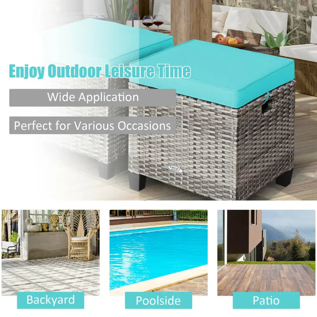 2PCS Patio Rattan Wicker Ottoman Seat with Removable Cushions-Turquoise - Turquoise - Outdoor Seating & Patio Chairs