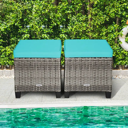 2PCS Patio Rattan Wicker Ottoman Seat with Removable Cushions-Turquoise - Turquoise - Outdoor Seating & Patio Chairs