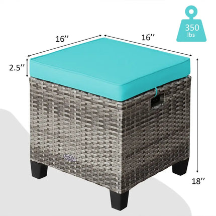 2PCS Patio Rattan Wicker Ottoman Seat with Removable Cushions-Turquoise - Turquoise - Outdoor Seating & Patio Chairs