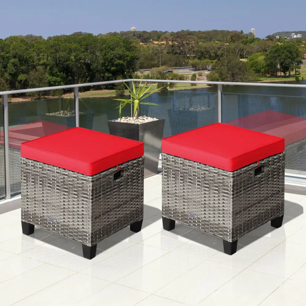2PCS Patio Rattan Wicker Ottoman Seat with Removable Cushions-Red - Red - Outdoor Seating & Patio Chairs