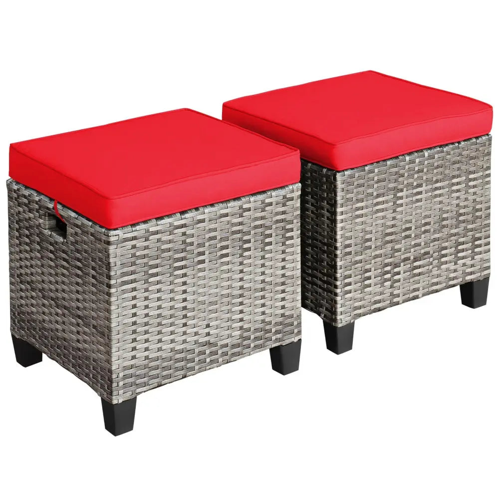 2PCS Patio Rattan Wicker Ottoman Seat with Removable Cushions-Red - Red - Outdoor Seating & Patio Chairs