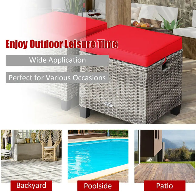 2PCS Patio Rattan Wicker Ottoman Seat with Removable Cushions-Red - Red - Outdoor Seating & Patio Chairs