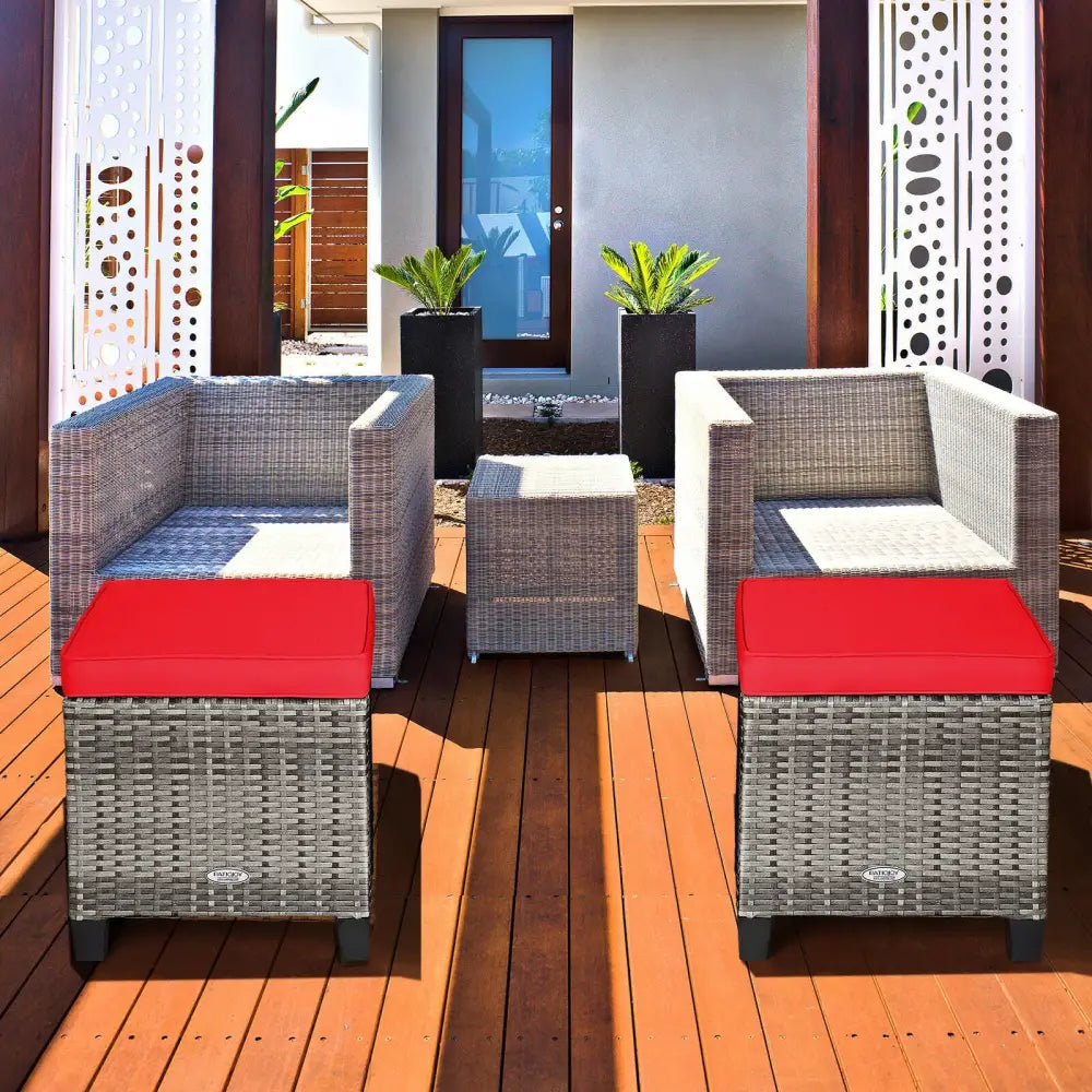 2PCS Patio Rattan Wicker Ottoman Seat with Removable Cushions-Red - Red - Outdoor Seating & Patio Chairs