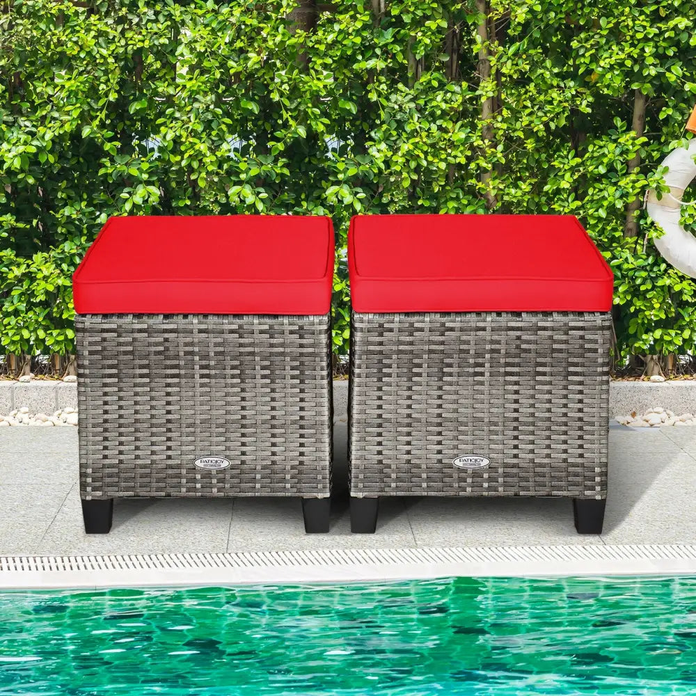 2PCS Patio Rattan Wicker Ottoman Seat with Removable Cushions-Red - Red - Outdoor Seating & Patio Chairs