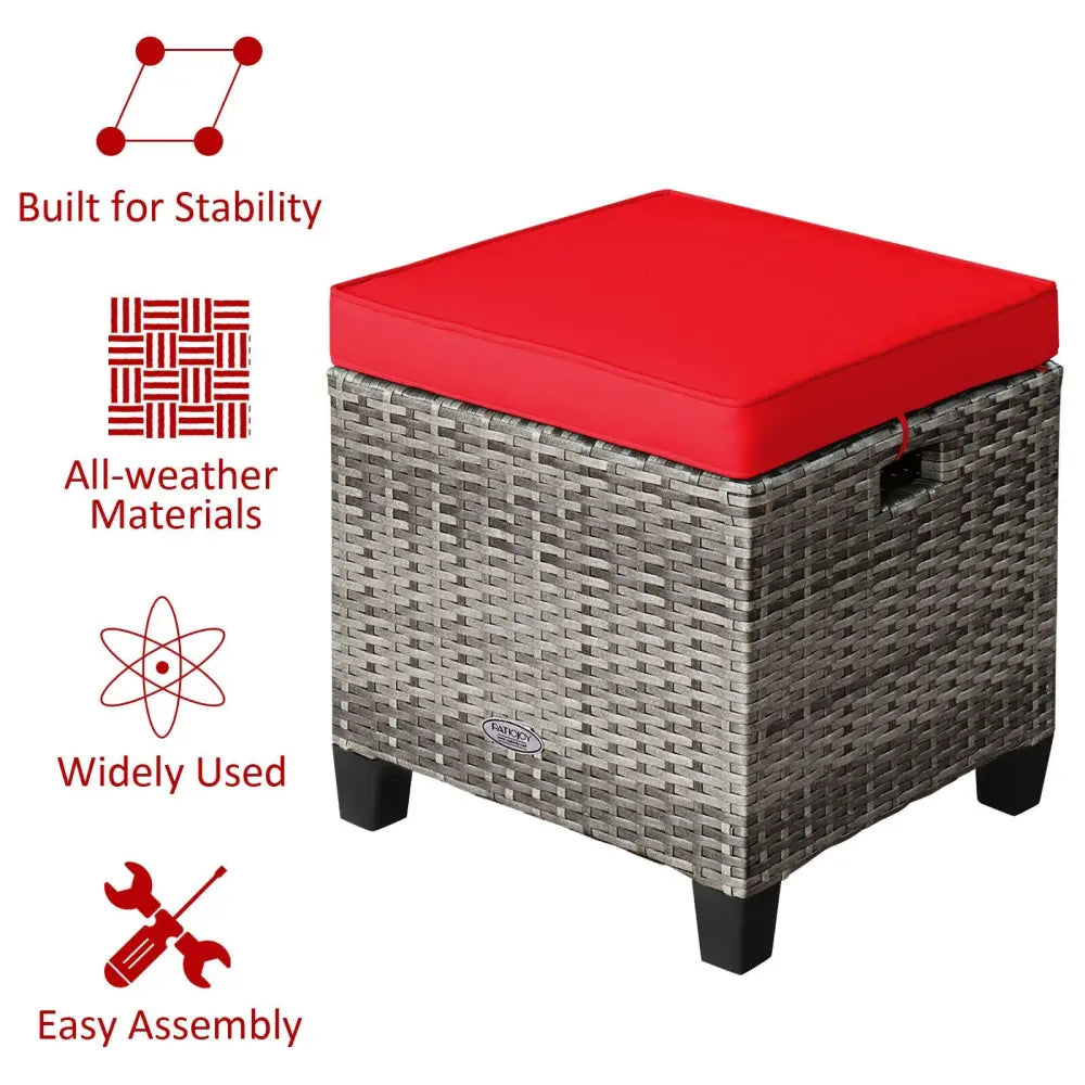 2PCS Patio Rattan Wicker Ottoman Seat with Removable Cushions-Red - Red - Outdoor Seating & Patio Chairs