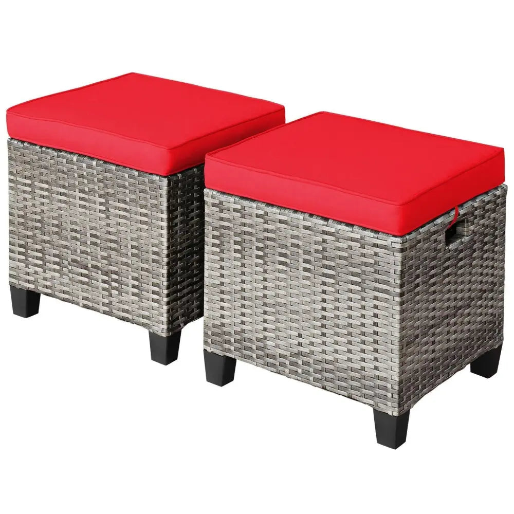 2PCS Patio Rattan Wicker Ottoman Seat with Removable Cushions-Red - Red - Outdoor Seating & Patio Chairs