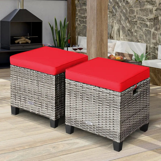 2PCS Patio Rattan Wicker Ottoman Seat with Removable Cushions-Red - Red - Outdoor Seating & Patio Chairs