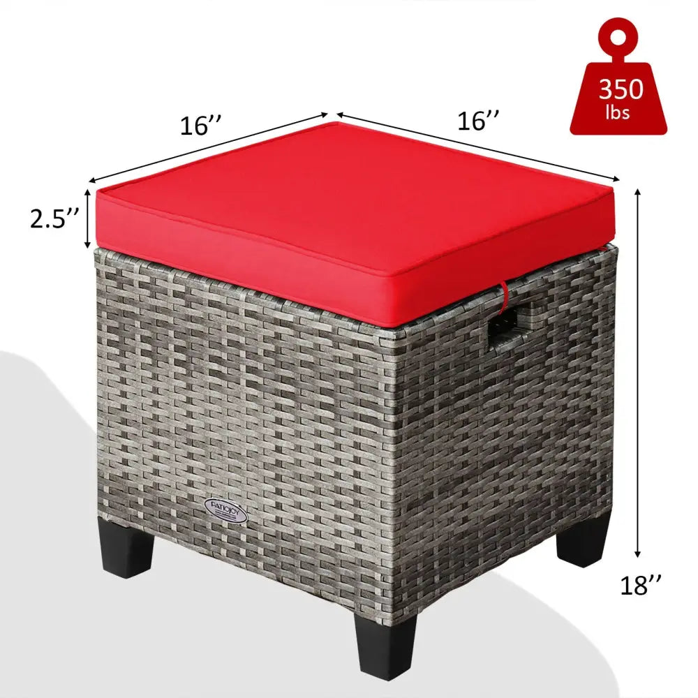 2PCS Patio Rattan Wicker Ottoman Seat with Removable Cushions-Red - Red - Outdoor Seating & Patio Chairs