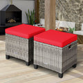 2PCS Patio Rattan Wicker Ottoman Seat with Removable Cushions-Red - Red - Outdoor Seating & Patio Chairs