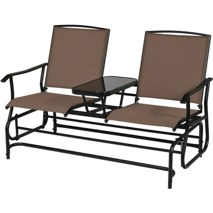 2Person Double Rocking Loveseat with Mesh Fabric and Center Tempered Glass TableBrown - Brown - Patio Conversation Sets