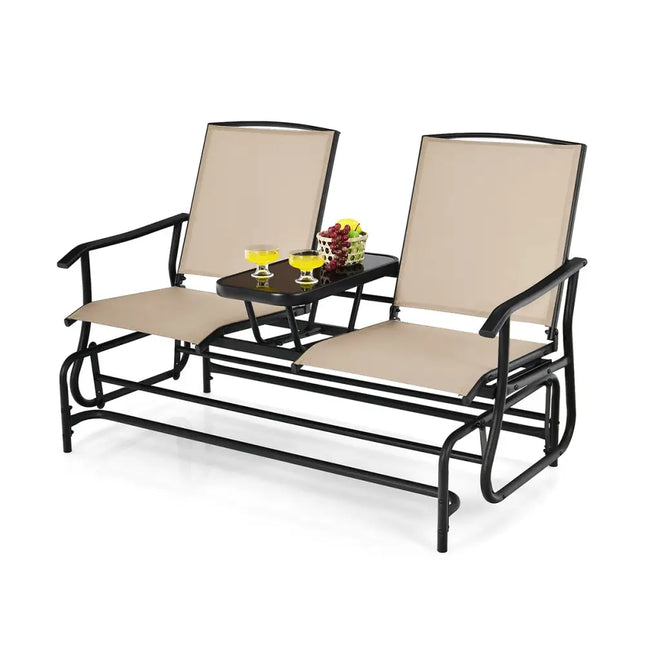 2Person Double Rocking Loveseat with Mesh Fabric and Center Tempered Glass Table - Beige - Patio Conversation Sets