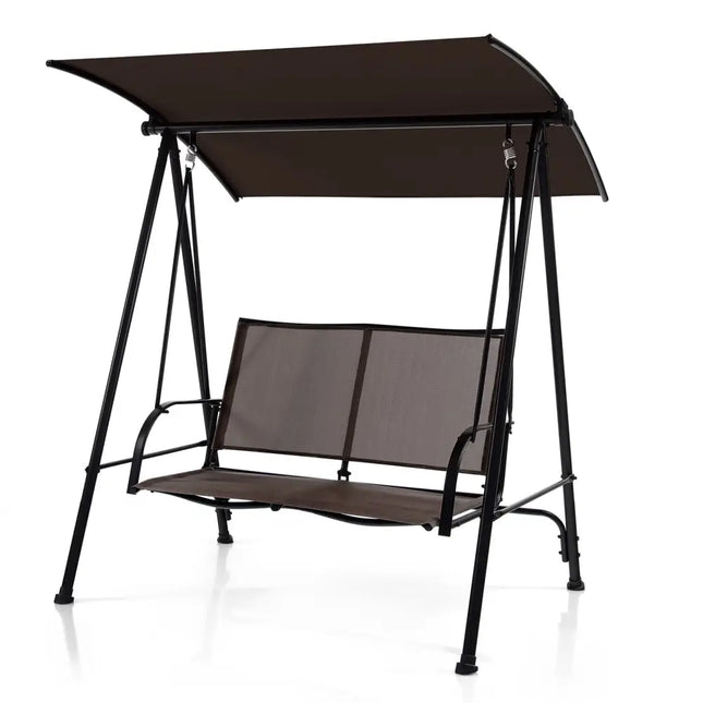 2Seat Outdoor Canopy Swing with Comfortable Fabric Seat and Heavyduty Metal FrameBrown - Oasis Home Essentials