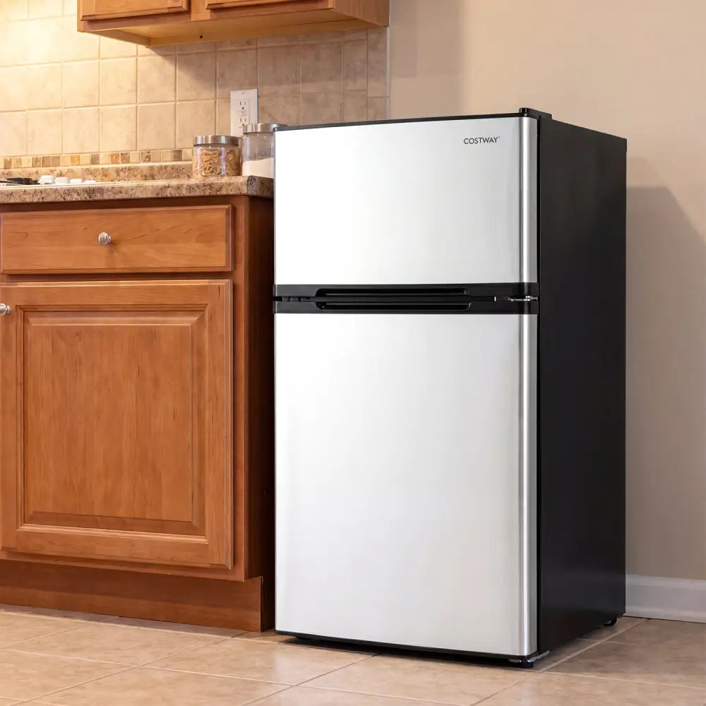 3.2 Cu.Ft Mini Fridge with Freezer Double Door Small Refrigerator with Adjustable Thermostat-Silver - Silver