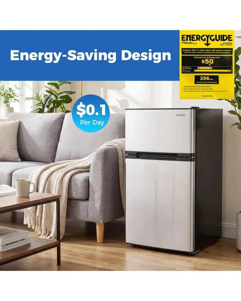3.2 Cu.Ft Mini Fridge with Freezer Double Door Small Refrigerator with Adjustable Thermostat-Silver - Silver
