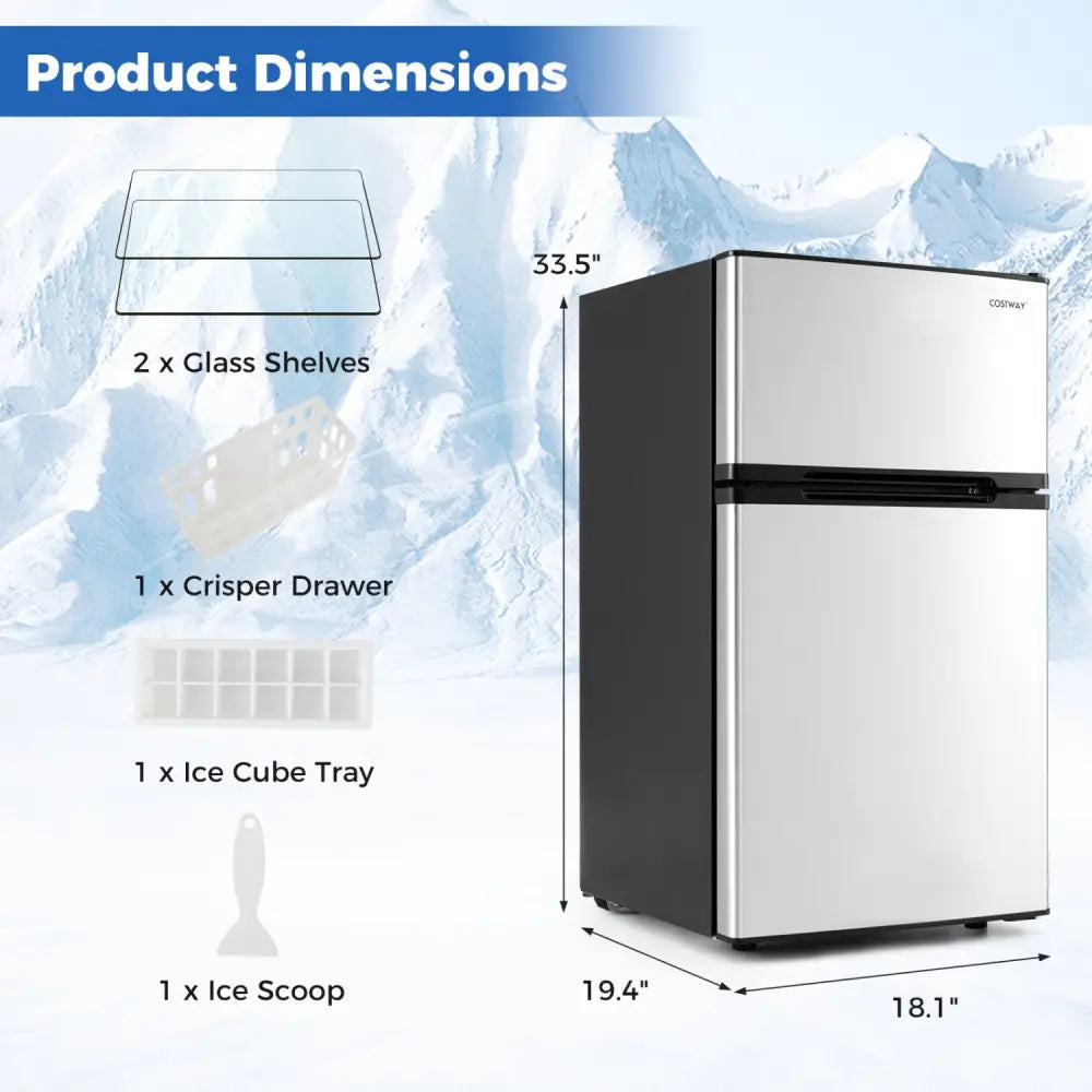 3.2 Cu.Ft Mini Fridge with Freezer Double Door Small Refrigerator with Adjustable Thermostat-Silver - Silver
