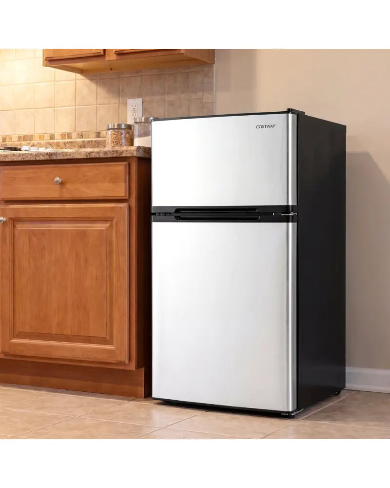 3.2 Cu.Ft Mini Fridge with Freezer Double Door Small Refrigerator with Adjustable Thermostat-Silver - Silver