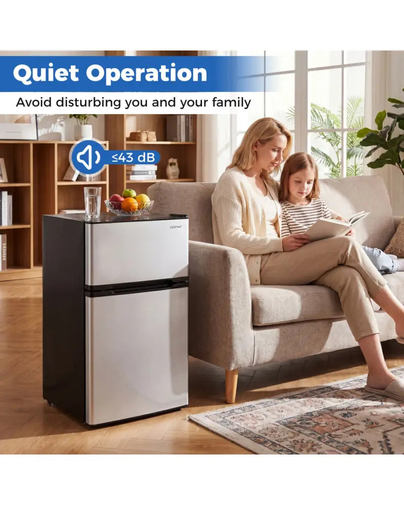 3.2 Cu.Ft Mini Fridge with Freezer Double Door Small Refrigerator with Adjustable Thermostat-Silver - Silver