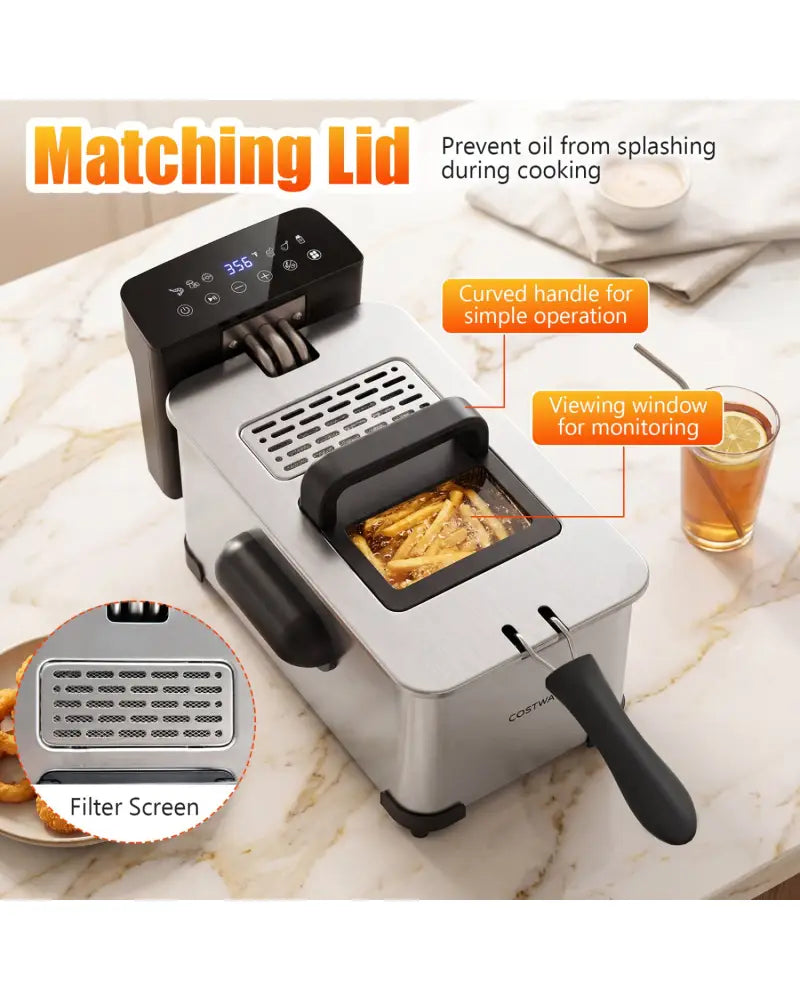 3.2-Qt Electric Deep Fryer with 1700W LED Touch Screen and Enamel Oil Tank-Silver - Silver - Air Fryers