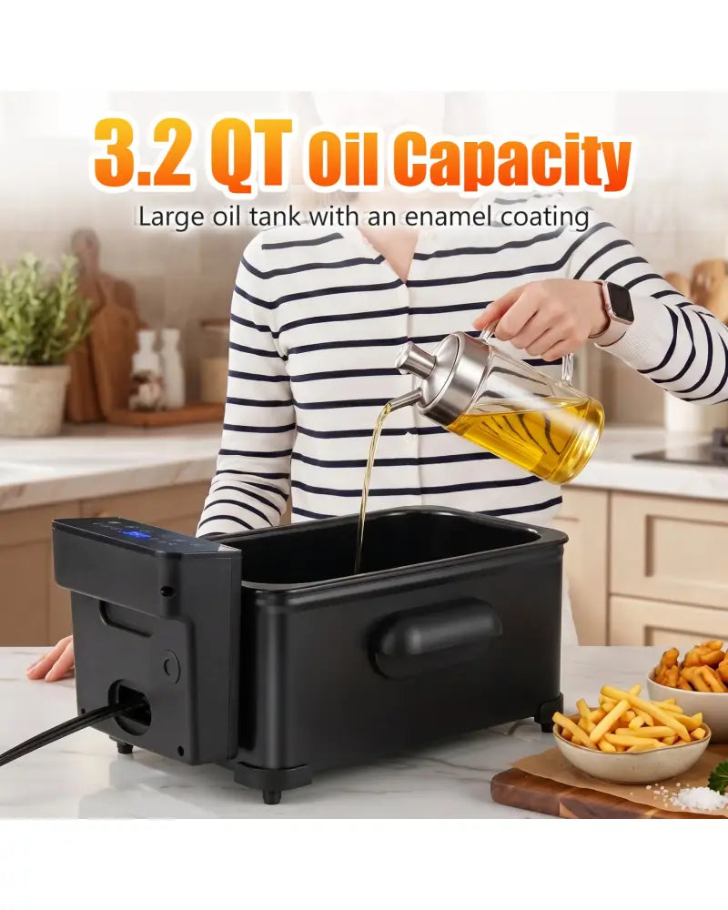 3.2-Qt Electric Deep Fryer with 1700W LED Touch Screen and Enamel Oil Tank-Black - Black - Air Fryers