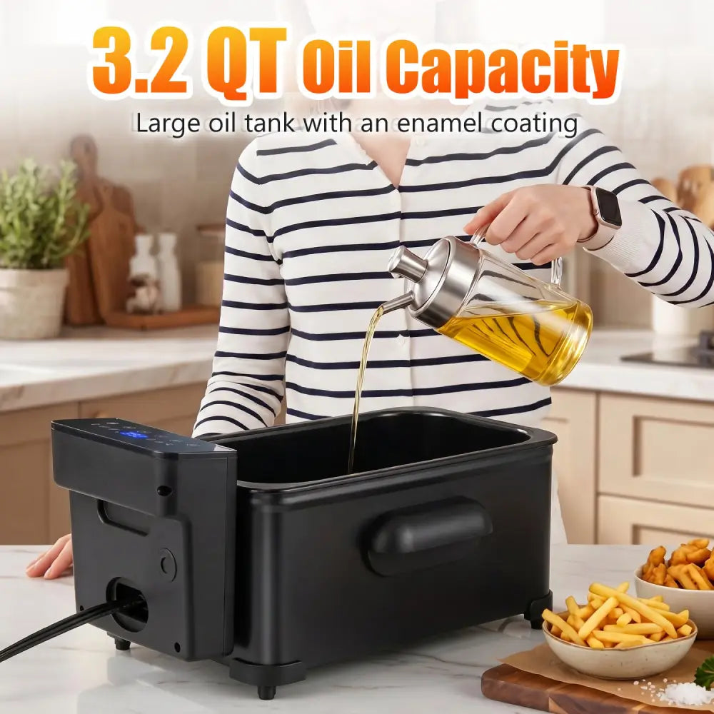 3.2-Qt Electric Deep Fryer with 1700W LED Touch Screen and Enamel Oil Tank-Black - Black - Air Fryers