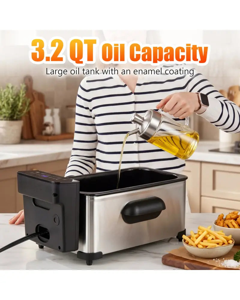 3.2-Qt Electric Deep Fryer with 1700W LED Touch Screen and Enamel Oil Tank-Silver - Silver - Air Fryers