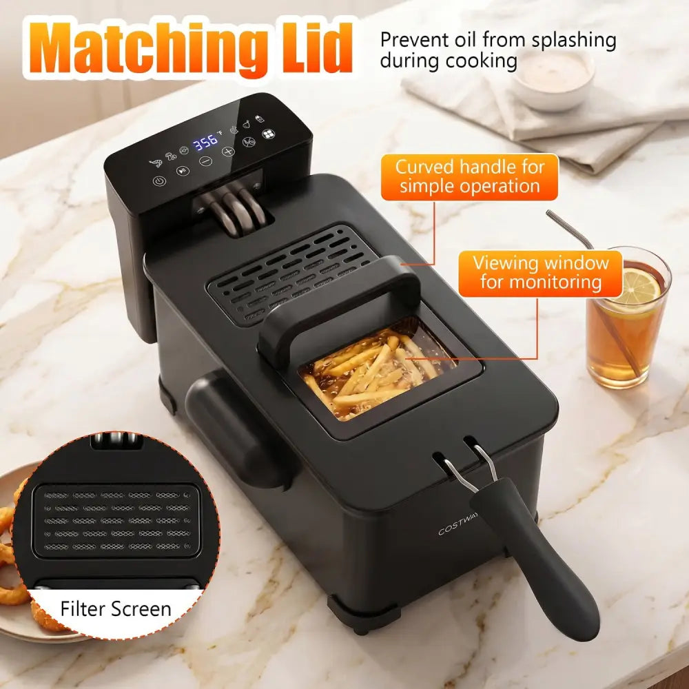 3.2-Qt Electric Deep Fryer with 1700W LED Touch Screen and Enamel Oil Tank-Black - Black - Air Fryers