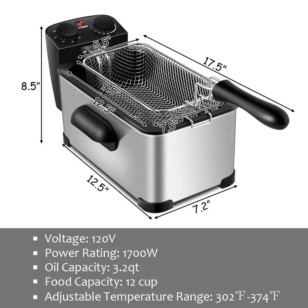 3.2 Quart Electric Stainless Steel Deep Fryer with Timer-Silver - Silver - Air Fryers