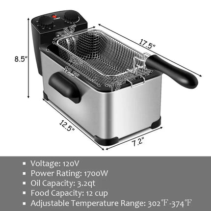 3.2 Quart Electric Stainless Steel Deep Fryer with Timer-Silver Costway