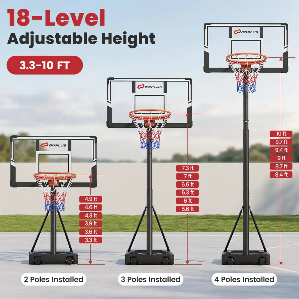 3.3-10 Feet Portable Basketball Hoop Adjustable with Base and Wheels - Black - Sport Equipments