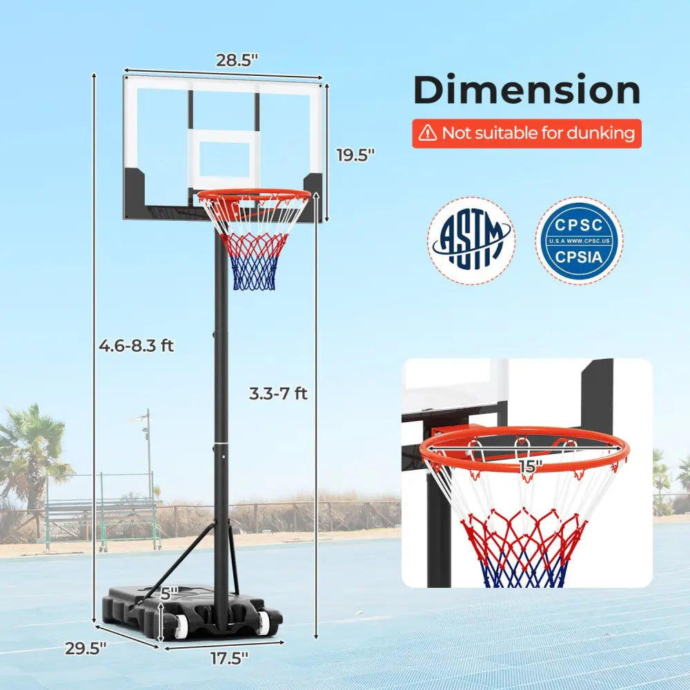 3.3-7 Feet Portable Adjustable Outdoor Kids Basketball Hoop Goal System-White - Black & White - Sport Equipments