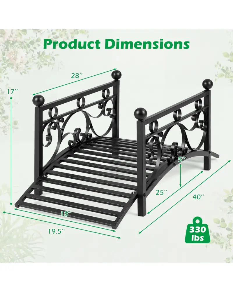 3.3 ft Garden Metal Bridge with Dual Patterned Side Rails - Black - Outdoor Decor