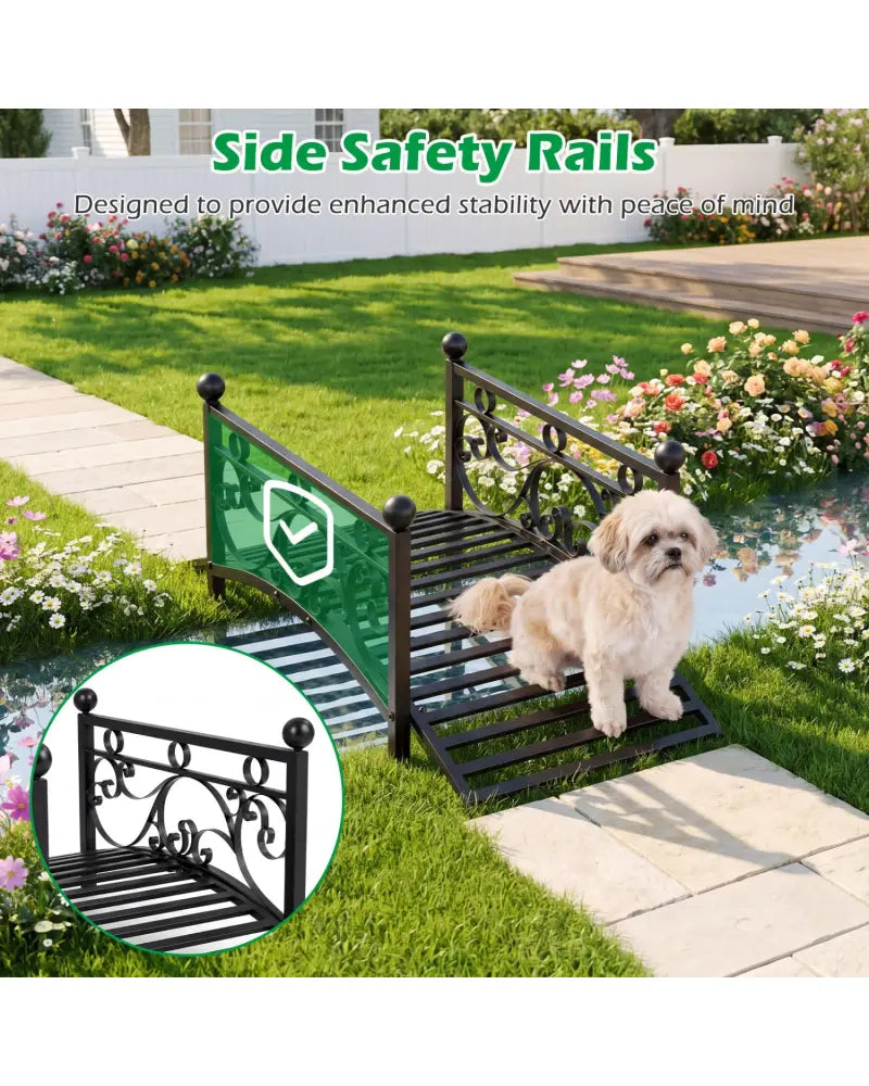 3.3 ft Garden Metal Bridge with Dual Patterned Side Rails - Black - Outdoor Decor