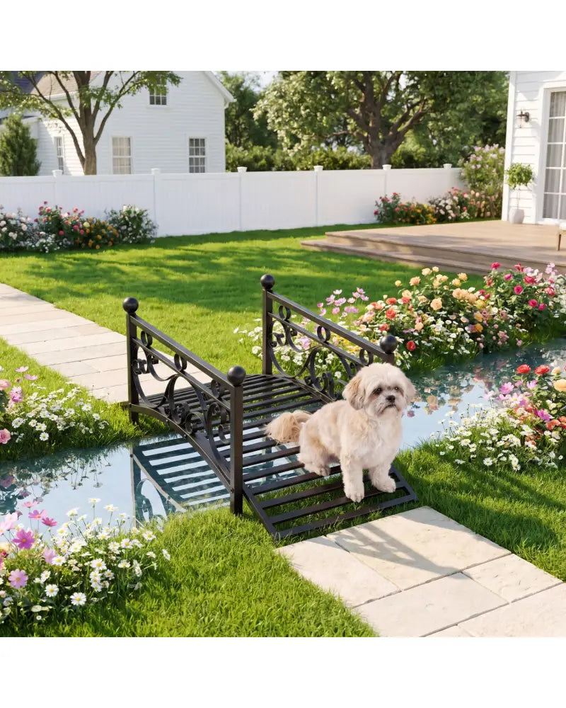 3.3 ft Garden Metal Bridge with Dual Patterned Side Rails - Black - Outdoor Decor