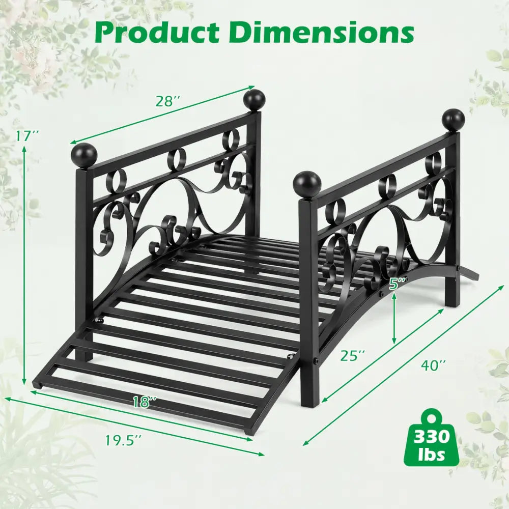 3.3 ft Garden Metal Bridge with Dual Patterned Side Rails - Black - Outdoor Decor